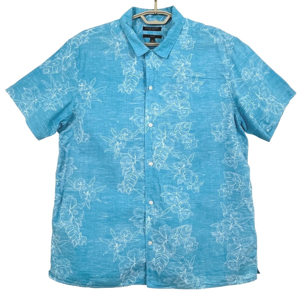 Banana Republic Mens Camp Shirt XL Blue Floral Linen Blend Slim Fit SS Tropical